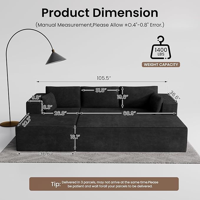GRUSIGN 106" Oversized Sectional Boneless Sleeper Sofa Bed Couches for Living Room, Modular L Shaped Couch with Left Facing Chaise & Big Ottoman, Compressed Spineless Corduroy Cloud Sofas, Black