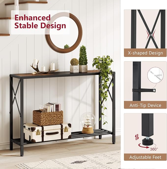 Tajsoon Console Table 41.8”, 2-Tier Industrial Entryway Table, Narrow Entrance Sofa Table with Shelves, Hallway, Living Room, Foyer, Corridor, Office, Rustic Brown and Black