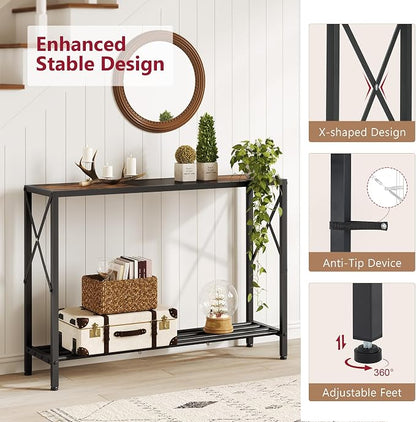 Tajsoon Console Table 41.8”, 2-Tier Industrial Entryway Table, Narrow Entrance Sofa Table with Shelves, Hallway, Living Room, Foyer, Corridor, Office, Rustic Brown and Black