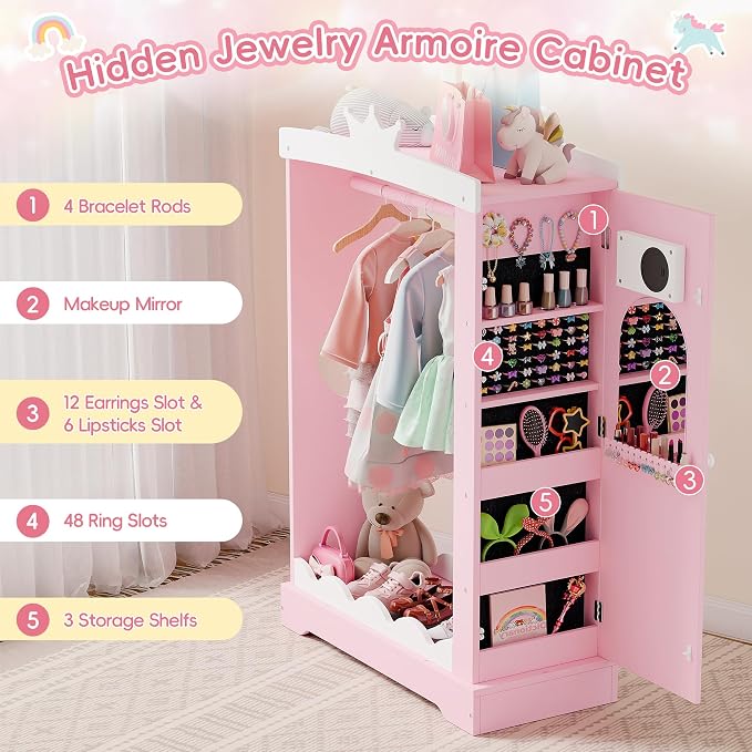 Xilingol Kids Armoire with Jewelry Cabinet, Dress up Storage with Mirror, Princess Dress Closet and Costumes Wardrobe Closet, Costume Organizer for Bedroom, Kids Room, Girls (Pink)
