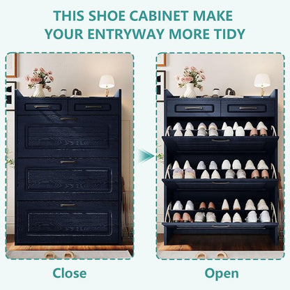 Shoe Cabinet with 3 Large Flip Drawers and 2 Storage Drawers, Narrow Shoe Organizer Cabinet Fits for Kinds of Shoes, Hidden Shoe Storage Cabinet for Entryway, Hallway, Blue