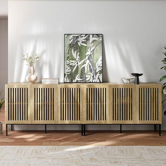 BVIUNTWO Buffet Cabinet with Storage,Set of 2 Farmhouse Console Table with Metal Base and Adjustable Shelves,Sideboard Coffee Bar Cabinet with 6 Doors for Kitchen,Dining Room,Living Room,Oak