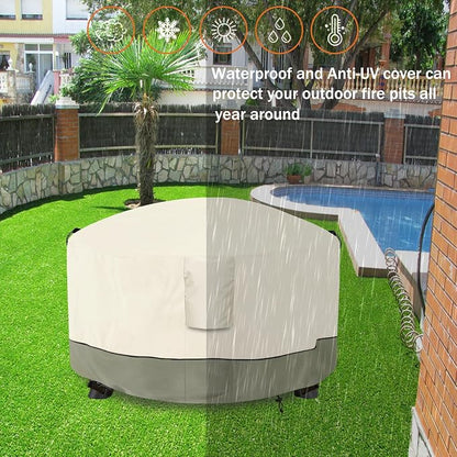Fire Pit Cover,Outdoor Heavy Duty 600D 100% Waterproof Fire Pit Cover Round,Weatherproof Firepit Covers Round 54" Dia x 24" H,Beige