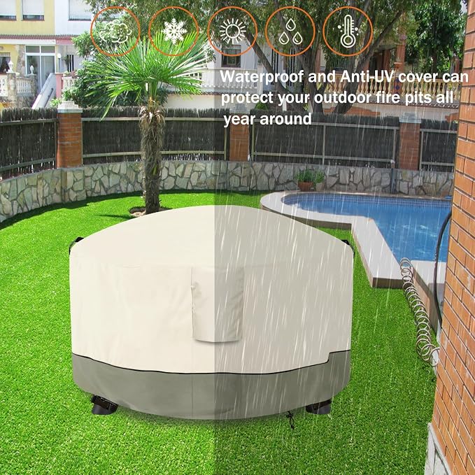 Fire Pit Cover,Outdoor Heavy Duty 600D 100% Waterproof Fire Pit Cover Round,Weatherproof Firepit Covers Round 36" Dia x 24" H,Beige