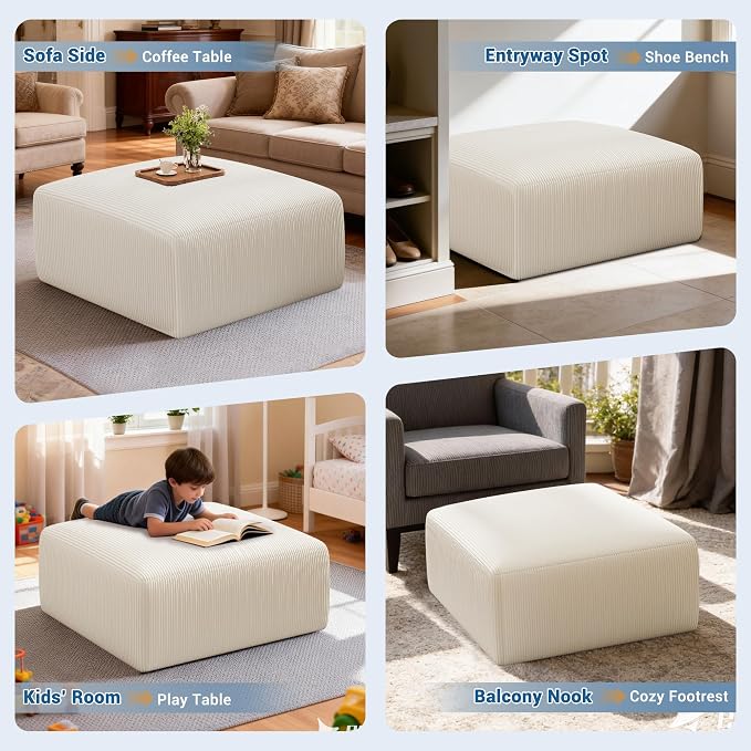 40" Oversized Large Square Corduroy Ottoman Pouf - Poofy Plush Foot Rest with Foam Chunk Filling, Movable Floor Pouf Footstool & Ottoman Coffee Table for Living Room Couch Bedroom, Beige (2 Pieces)