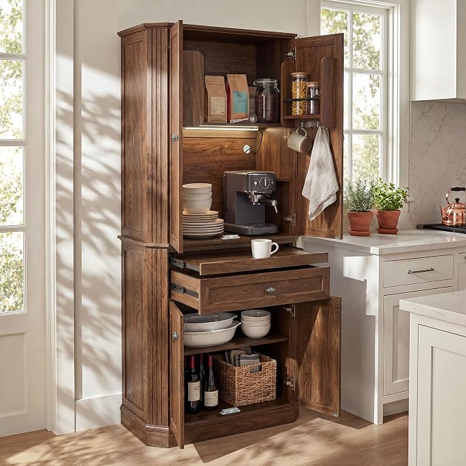72.2" Tall Kitchen Pantry Cabinet with Doors, Farmhouse Storage Cabinet with Charging Station & LED Light, Drawer, Adjustable Shelves and Pull-Out Shelves, Walnut Wood Pantry Cupboard for Dining Room