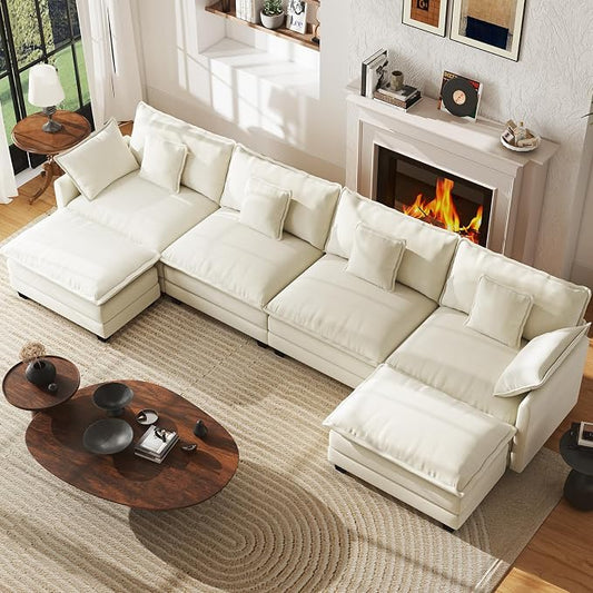 WorthFurni 146” Oversized Modular Sectional Sofa, U Shaped Cloud Couch Set, 4-Seater Comfy Chenille Couches with 2 Movable Ottomans, DIY Combination for Living Room （Beige）