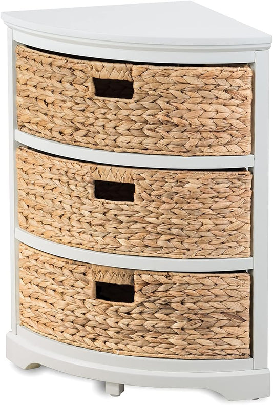 eHemco Hampton Meadows 3-Tier End Table, White, 14 x 14 x 25.5 Inch | 3 Wicker Baskets