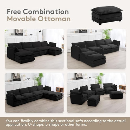 ROWHY 148'' Sectional Cloud Couch with 2 Ottomans, Oversized 4 Seat Sleeper Sofa with 2 Throw Pillows, Convertible Upholstered U Shaped Cozy Sofa Furniture Set for Living Room and Office, Black