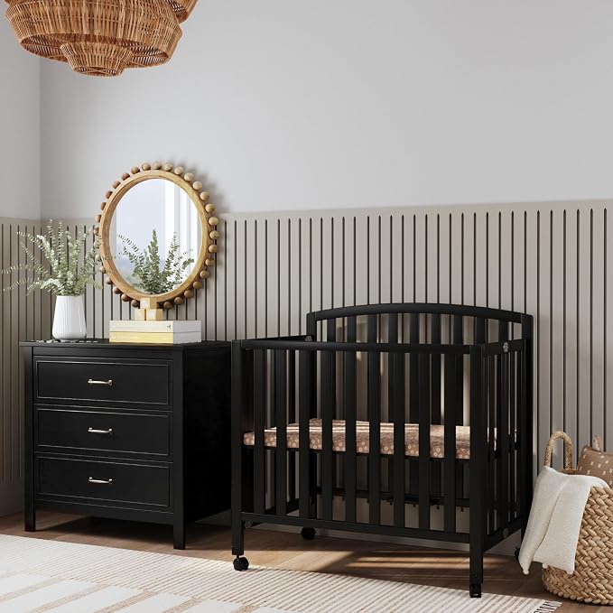 Davinci Dylan 3-in-1 Convertible Portable Mini Crib, Ebony | GREENGUARD Gold Certified - Folding Baby Crib With Wheels, 4 Adjustable Mattress Heights, Conversion Kit Sold Separately