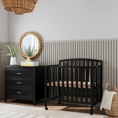Davinci Dylan 3-in-1 Convertible Portable Mini Crib, Ebony | GREENGUARD Gold Certified - Folding Baby Crib With Wheels, 4 Adjustable Mattress Heights, Conversion Kit Sold Separately