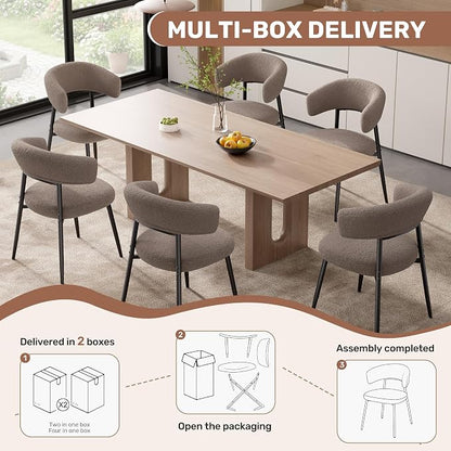 Dining Chairs Set of 4, Mid Century Modern Kitchen Chairs, Boucle Upholstered Dining Chair with Curved Backrest & Metal Legs for Kitchen Dining Room, Brown