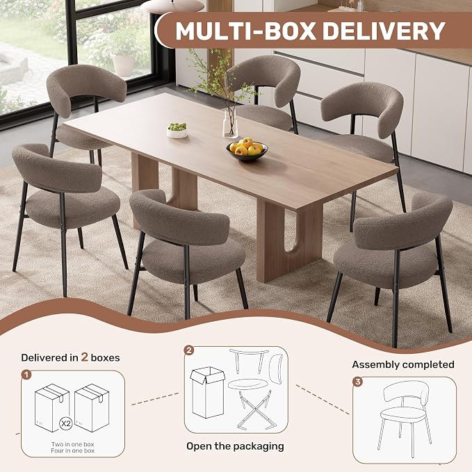 Dining Chairs Set of 6, Mid Century Modern Kitchen Chairs, Boucle Upholstered Dining Chair with Curved Backrest & Metal Legs for Kitchen Dining Room, Brown