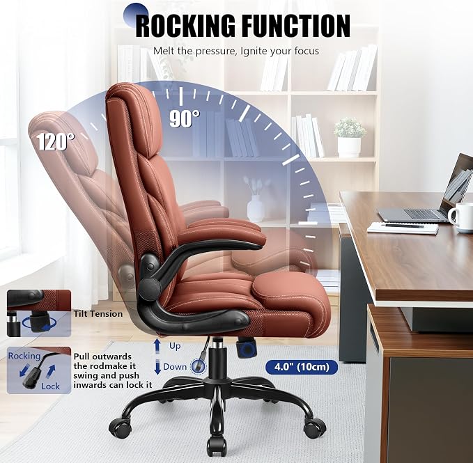 Primy Office Chair, Ergonomic Leather Desk Chair with Flip-up Armrests, Big and Tall High Back Executive Computer & Gaming Chair with Footrest, Comfy Padded, Rocking Function and Lumbar Support(Brown)