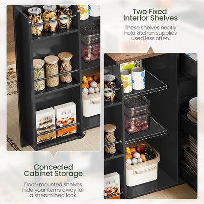 CHOEZON Kitchen Island with Trash Can Cabinet, Drop-Leaf Tabletop & 6 Wheels, 51.2-Inch Rolling Kitchen Cart with Fridge Shelf, Drawers & Adjustable Shelves, Farmhouse Style, Black and Walnut MZD07BL