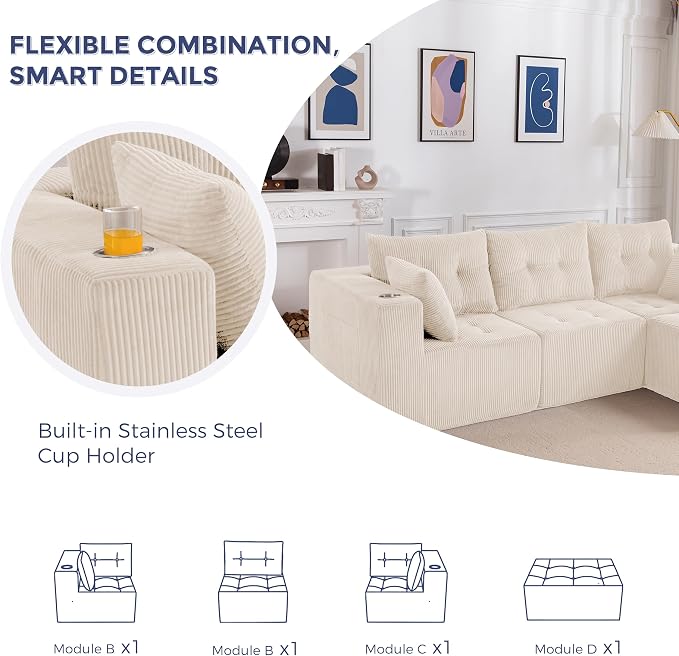 MAXYOYO Modular Sectional Sofa Couch, L Shaped Modern Cloud Couch with 1 Ottoman, Sofa in A Box, Tufted 4-Seat Boneless Chair for Living Room, No Assembly Required, Beige