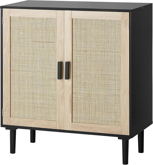 VEVOR Rattan Cabinet, Buffet Cabinet with Storage, Storage Cabinet with 2 Magnetic Doors and Adjustable Shelves, Sideboard Buffet for Hallway, Entryway, Living Room, or Kitchen, Black