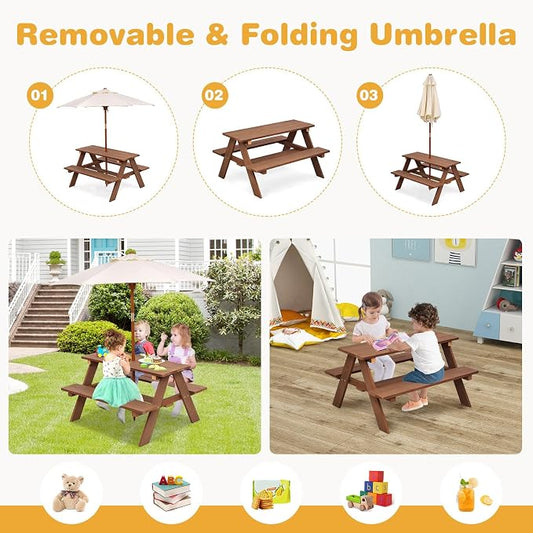 Costzon Kids Picnic Table, Fir Wood Kids Outdoor Table and Chairs with Removable Umbrella, Toddler Picnic Table for Patio, Backyard, Garden (Natural)
