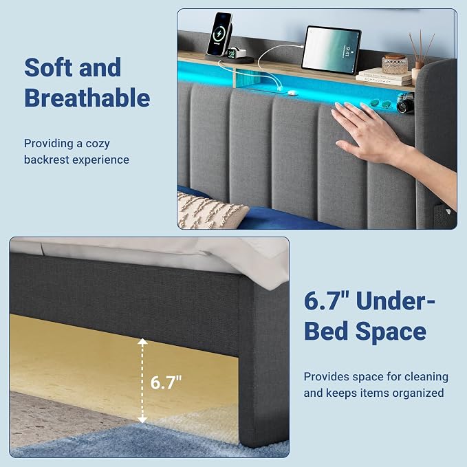 Allewie Vertical Tufted Full Size Upholstered Platform Bed Frame with 2-Tier LED Storage Headboard & 2 Storage Drawers, USB & Type-C Charging Ports, Noise-Free/No Box Spring Needed, Dark Grey