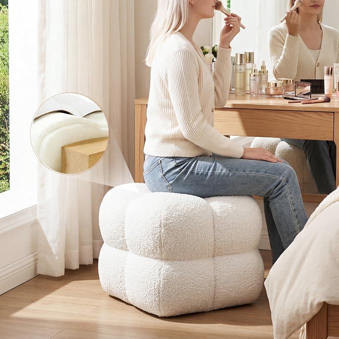 Zesthouse Square Pouf Ottoman Footstool, Modern Backless Vanity Chair for Bedroom, White Fuzzy Foot Rest for Couch, Upholstered Tufted Footstool, Sherpa Fabric Ottoman Coffee Table for Living Room