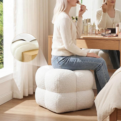 Zesthouse Square Pouf Ottoman Footstool, Modern Backless Vanity Chair for Bedroom, White Fuzzy Foot Rest for Couch, Upholstered Tufted Footstool, Sherpa Fabric Ottoman Coffee Table for Living Room