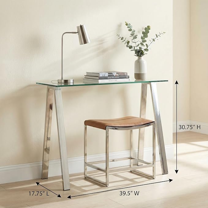 Cortesi Home Trixie Glass Top Desk/Console Table with Stainless Steel Frame, 40"