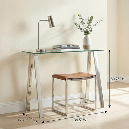 Cortesi Home Trixie Glass Top Desk/Console Table with Stainless Steel Frame, 40"