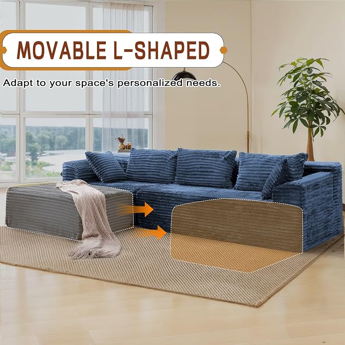 Korser 108" L-Shaped Modular Sectional Sofa with Chaise, Boneless Comfy Corduroy Fluffy Couch with Deep Seat and Side Pockets, Flexible Module Combination for Living Room, No Assembly, Side Pockets