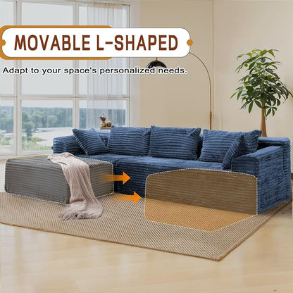Korser 108" L-Shaped Modular Sectional Sofa with Chaise, Boneless Comfy Corduroy Fluffy Couch with Deep Seat and Side Pockets, Flexible Module Combination for Living Room, No Assembly, Side Pockets