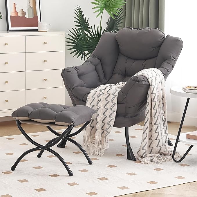 Furlide Lazy Chair with Ottoman, Modern Chair with Folding Footrest, Dark Grey Accent Chair, Comfortable Reading Chair, Oversized Armchairs for Bedroom, Study, Living Room, Courtyard