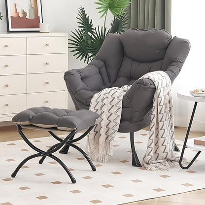 Furlide Lazy Chair with Ottoman, Modern Chair with Folding Footrest, Dark Grey Accent Chair, Comfortable Reading Chair, Oversized Armchairs for Bedroom, Study, Living Room, Courtyard