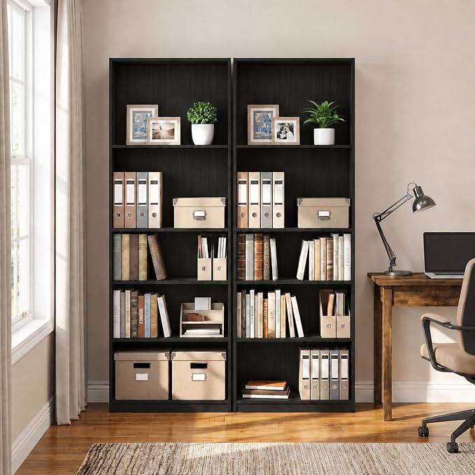 Furinno Jaya Book Shelf Set of 2, 5-Tier Bookshelf, Bookcase, with Adjustable Shelf, 9.5 x 24.5 x 71, for Home Office, Living Room, Espresso
