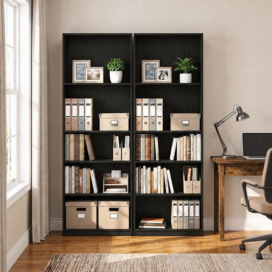 Furinno Jaya Book Shelf Set of 2, 5-Tier Bookshelf, Bookcase, with Adjustable Shelf, 9.5 x 24.5 x 71, for Home Office, Living Room, Espresso