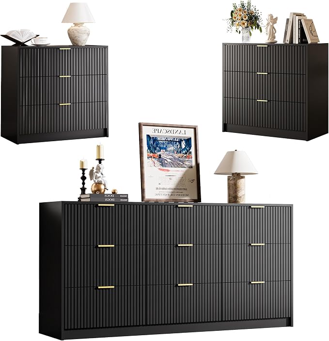 MAISONARIA 3-Piece Dresser Bedroom Set, 9 Drawer Dresser & 3 Drawer Nightstands with Gold Handles, Fluted Wood Chest of Drawers for Bedroom, Living Room, Entryway, Black