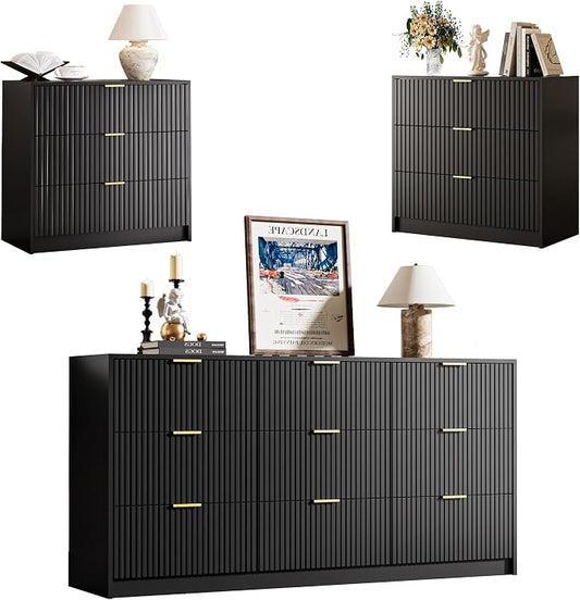 MAISONARIA 3-Piece Dresser Bedroom Set, 9 Drawer Dresser & 3 Drawer Nightstands with Gold Handles, Fluted Wood Chest of Drawers for Bedroom, Living Room, Entryway, Black