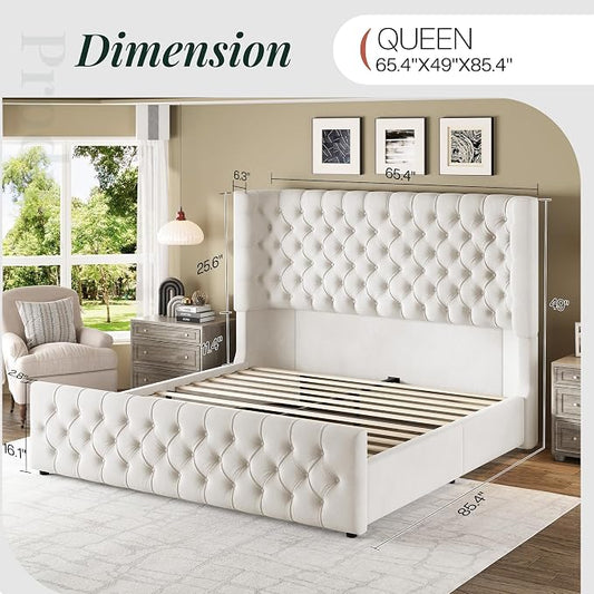 Jocisland Queen Size Upholstered Bed Frame with 6.3-Inch Curved Wingback Headboard, Tufted Footboard, Wood Slats, No Box Spring Needed, Beige Velvet