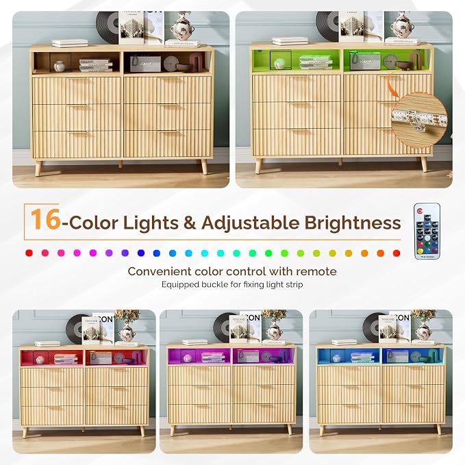 VINGLI Fluted Dresser Led, 6 Drawer Dresser for Bedroom, Light Wood Bedroom Dressers Oak, 47" W*15.75" D*33" H