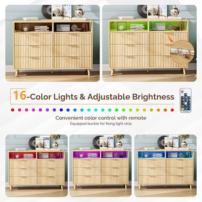 VINGLI Fluted Dresser Led, 6 Drawer Dresser for Bedroom, Light Wood Bedroom Dressers Oak, 47" W*15.75" D*33" H