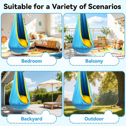 Y-STOP Kids Pod Swing Seat, Hanging Hammock Chair with Inflatable Pillow, Sensory Swing Chair with Pocket for Indoor and Outdoor (Blue Yellow)