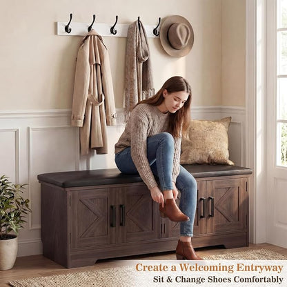 Farmhouse Shoe Storage Bench with Cushion - 43.3" Entryway Bench with Storage & 4 Barn Doors, 2-Tier Wooden Shoe Rack Bench, Shoe Cabinet & Mudroom Bench for Bedroom Hallway Living Room, Black Walnut