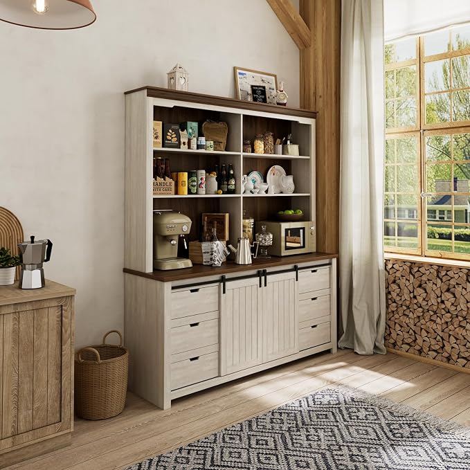 Bobve 78 * 67" Large Farmhouse Pantry Cabinet with Countertop, Buffet Cabinet,Tall Kitchen Hutch with Partitions and 6 Drawers,Suitable for Kitchen,Dining Rooms,Easy to Assemble