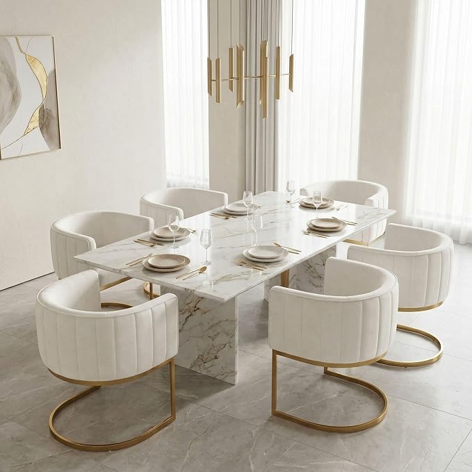 Hyfirm Beige and Gold Barrel Dining Chairs Set of 6, Modern Velvet Upholstered Accent Chairs with Curved Back for Kitchen Island, Luxury Comfort Seating Cantilever Metal Frame