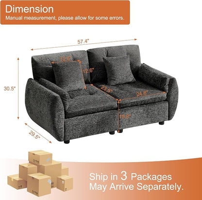 57" Modular Loveseat Cloud Sofa, Deep Seat Tufted Chenille Sectional Love Seat Couch with Curved Arms, 2-Seater Couches for Living Room, Dark Grey