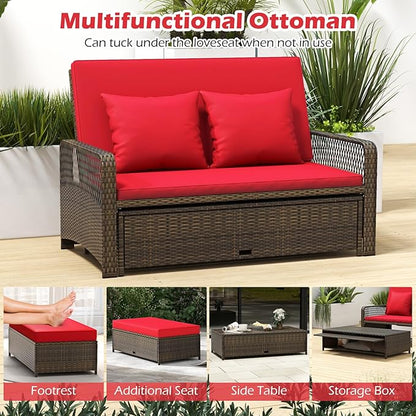 Tangkula Patio Adjustable Wicker Daybed, Rattan Loveseat & Storage Ottoman w/ 4-Level Backrest & Soft Cushions, Space-Saving 2-Person Sun Lounger for Backyard, Porch (Red)