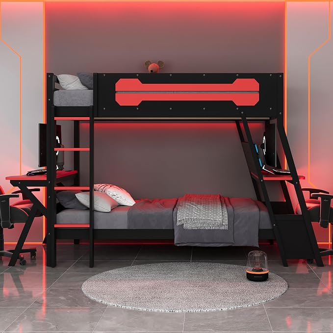 Merax Wooden Twin Over Twin Bunk Bed with 2 Side Desks, USB Desktop Ports and Pegboard Organizer, Gaming Bunk Bed for Gamer, Kids or Teens, No Box Spring Needed, Red