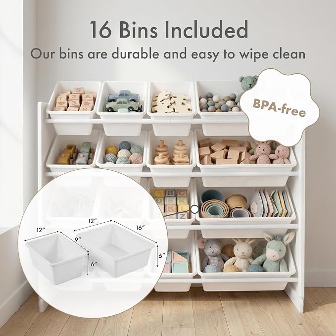 Humble Crew Toy Storage Organizer with 16 Removable Storage Bins for Kids Playroom, 4-Tier Toddler Toy Organization and Storage, White/White