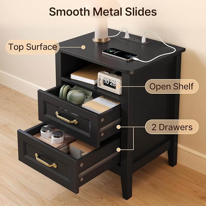 Gizoon 3PC Bedroom Furniture Set, 7 Chest of Drawers & 2 Nightstands with Charging Station, USB Type-C Outlet, Farmhouse Bedside Table Combo, Black Bedroom Set