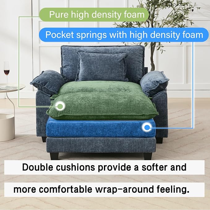 Oprisen 53" Modular Sectional Sofa, Comfy Cloud Couch Sectional Sofa with Ottoman, Chenille Sofa Sleeper Deep Seat Sofa with Throw Pillows for Living Room (Blue)