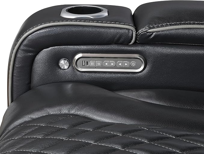 Lexicon Power Double Reclining Sofa, Center Drop-Down Table with Heat/Massage/Headrest/Storage Arms/Cup Holders/LED Lights/Wireless Charging, Top Grain Leather Match Wall Hugger Recliner Sofa, Black