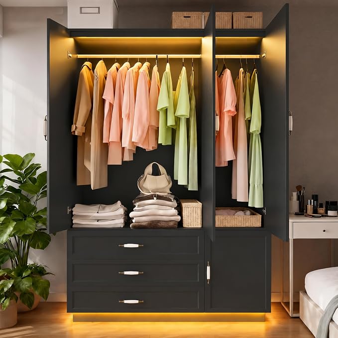 72" Armoire Wardrobe Closet with 3 Door Wooden Bedroom Armoire with LED Light 3 Drawers Large Modern Wardrobe Cabinet with Retro Ceramic Door Handles and Removable Hanging Rod Black